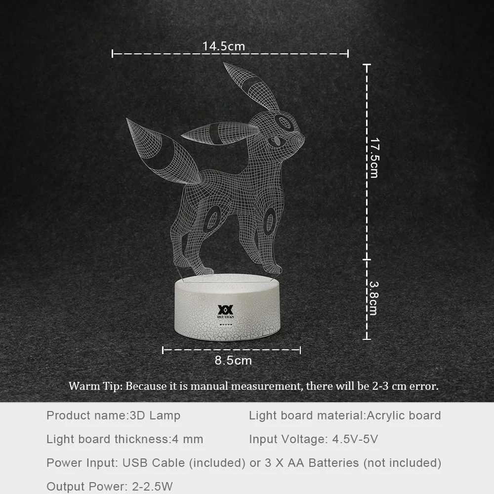 Творческий Покемон Umbreon 3D лампа визуальную иллюзию USB мультфильм ночь светодиодная 7 цветов сна настольная лампа Дети Рождественские подарки