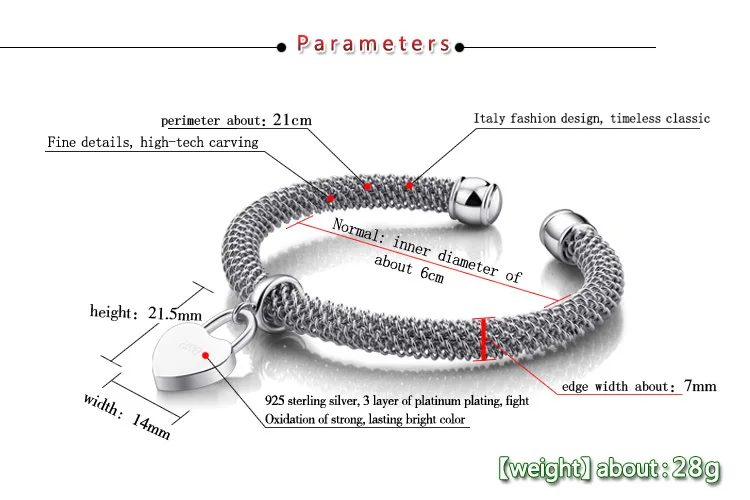 Heart Pendant Bracel Мода, цельный браслет из стерлингового серебра 925 пробы, женский толстый кулон в форме сердца, браслет из натурального серебра, браслет с замком - Окраска металла: Heart Pendant Bracel