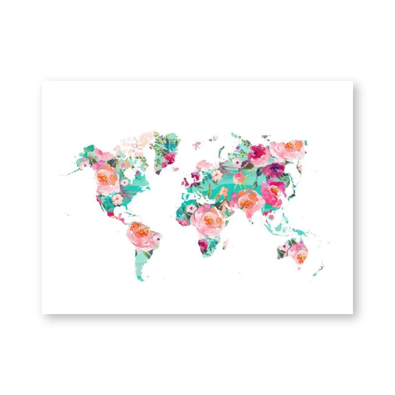 Карта мира плакат и печать стены Искусство Цветочные акварельные карты мира география путешествия холст живопись картина домашний декор - Цвет: PH2642