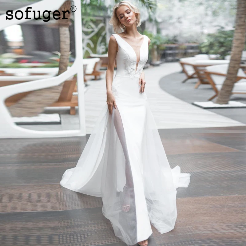 

White Mermaid Tank Satin Backless Slit Deep V Neck Court Train Wedding Dress 2019 Boho Sofuge Vestido De Noiva Dubai Arabic