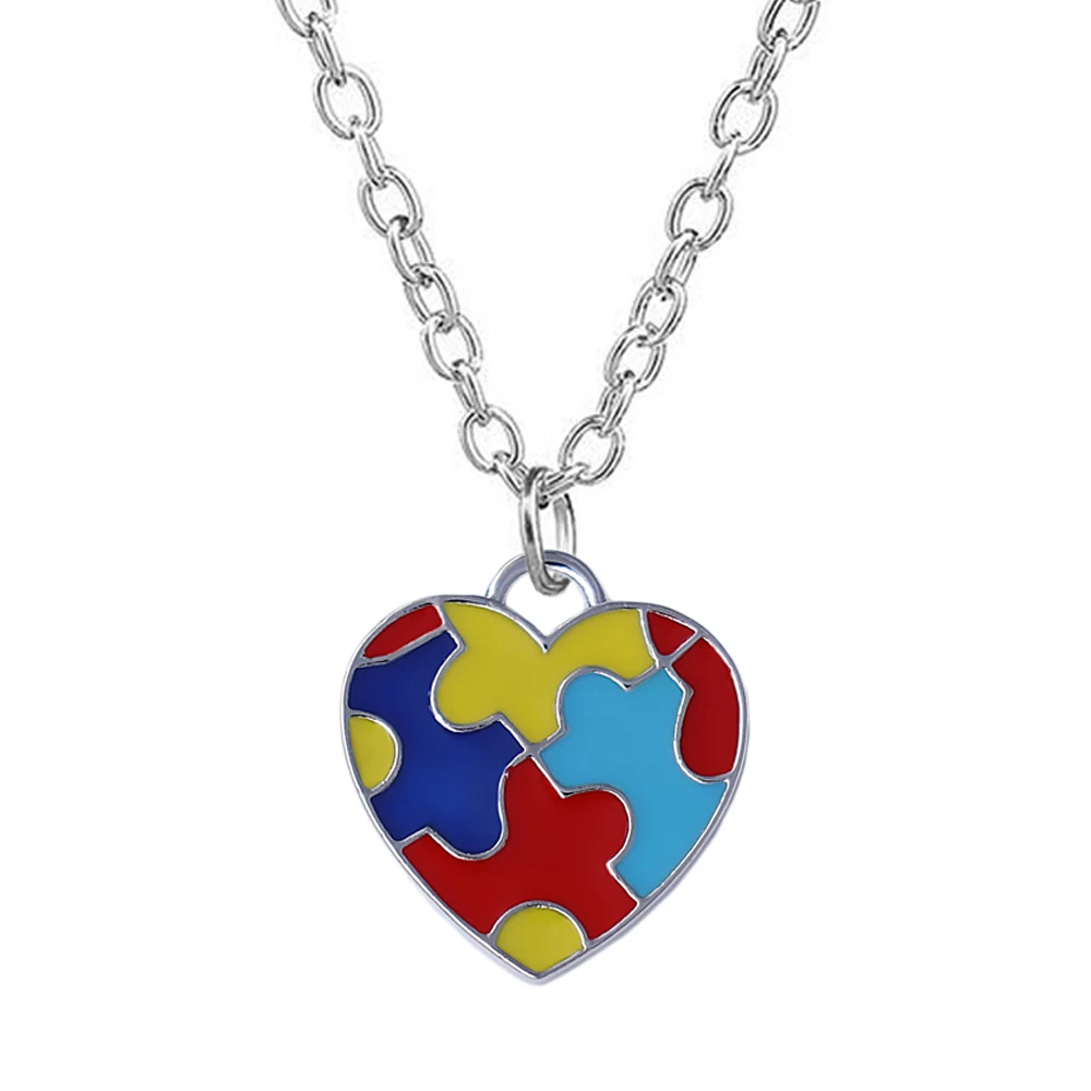 Colorful Heart Puzzle Autism Combination Pendant Necklace Enamel Craft