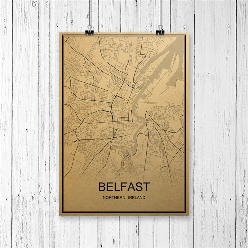 

World map BELFAST vintage Poster retro painting Krafts paper art Wall Picture Home Living Room bedroom Cafe Bar Decor free ship