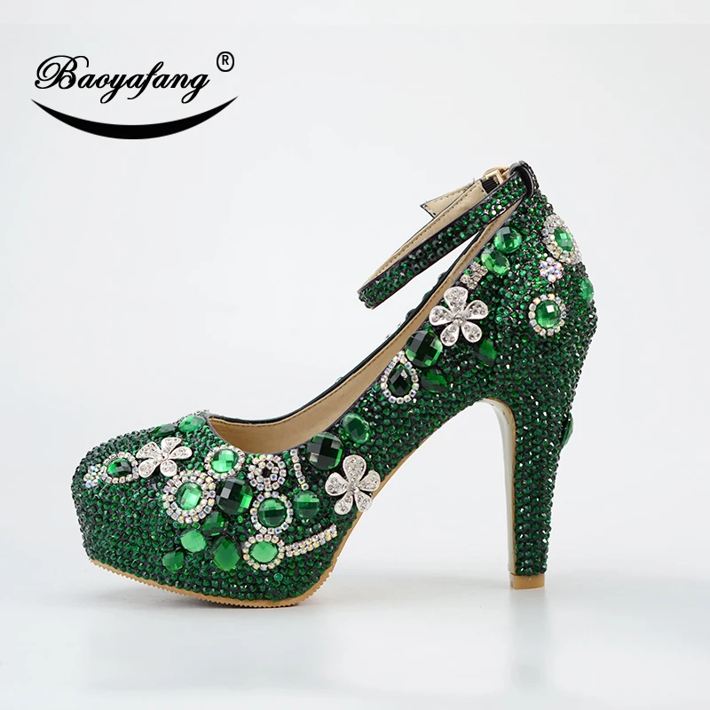 BaoYaFang/Новинка; женские свадебные туфли с сумочкой в стиле мачтинга; вечерние туфли для невесты на каблуке 8 см/11 см; туфли с ремешком на лодыжке и зелеными кристаллами