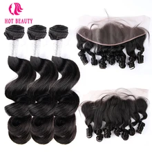 Hot Beauty Hair Peruvian Human Hair Loose Wave Weave Bundles With Free Part Pre Plucked 13×4 Lace Frontal Closure Remy Hair 4PCS