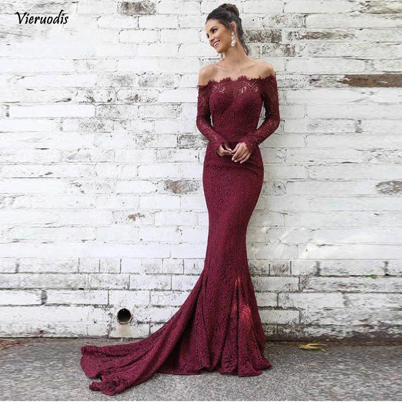 

Burgundy Lace Evening Dresses Long 2019 Mermaid Full Sleeves Off the Shoulder Saudi Arabia Women Formal Prom Dress Party Dress