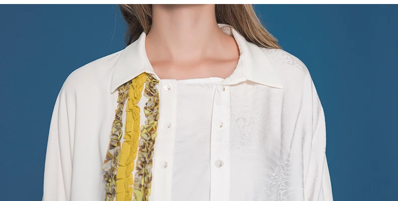 VOA Жаккардовая Ткань шелковая блузка офисная белая рубашка плюс Размеры свободные 5XL Для женщин топы Основные Формальные нерегулярные