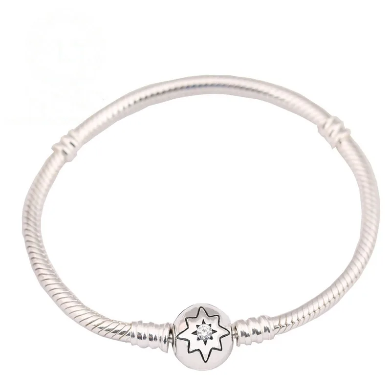 

925 Sterling Silver Bead Charm Snake Chain Fit Original Pandora Bracelet with Dazzling Star Clasp for Women DIY Jewelry Gift