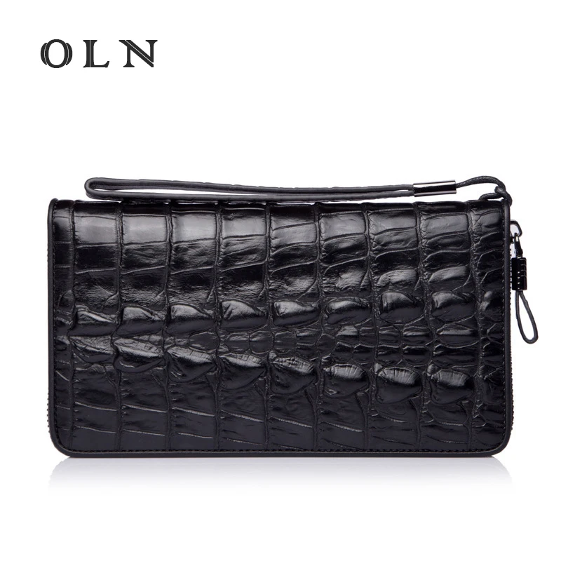 

OLN 2018 luxury brand Fashion Crocodile grain wallet Genuine Leather men's vintage black leather handbag alligator clips Bag