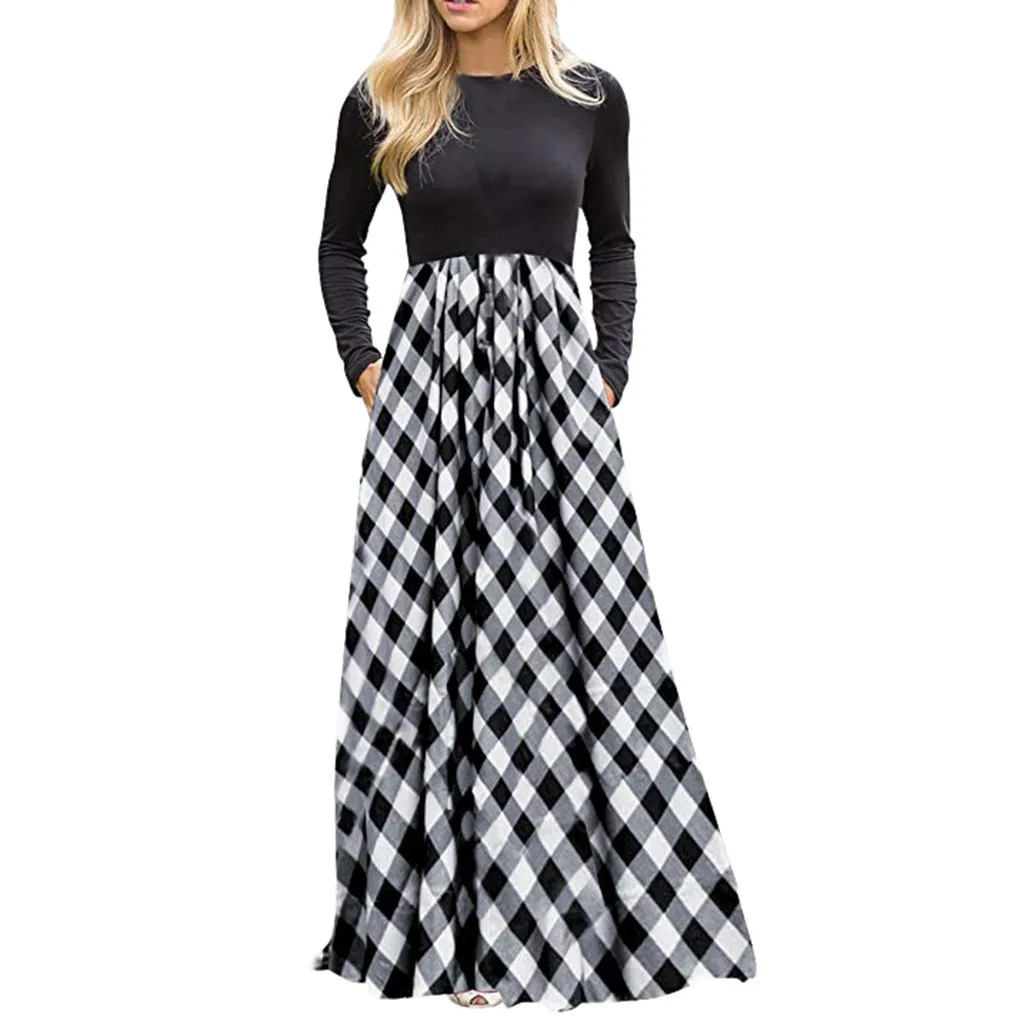 Winter Party Dresses Woman Party Night Gothic Plaid Pocket Maxi Dress Women Clothes 2019 Gothic Long Sleeve Long Dress