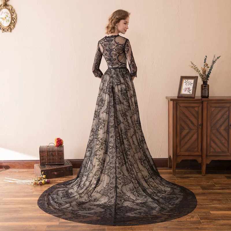 В наличии кружева О образным вырезом три четверти Vestido de festa Longo праздничное