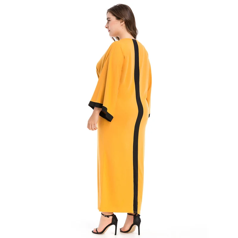 Контрастный цвет мусульманское платье абайя мусульманская одежда для Дубай одежда для женщин рукав «летучая мышь» широкие манжеты повседневные свободные полосатые Musulmane желтый