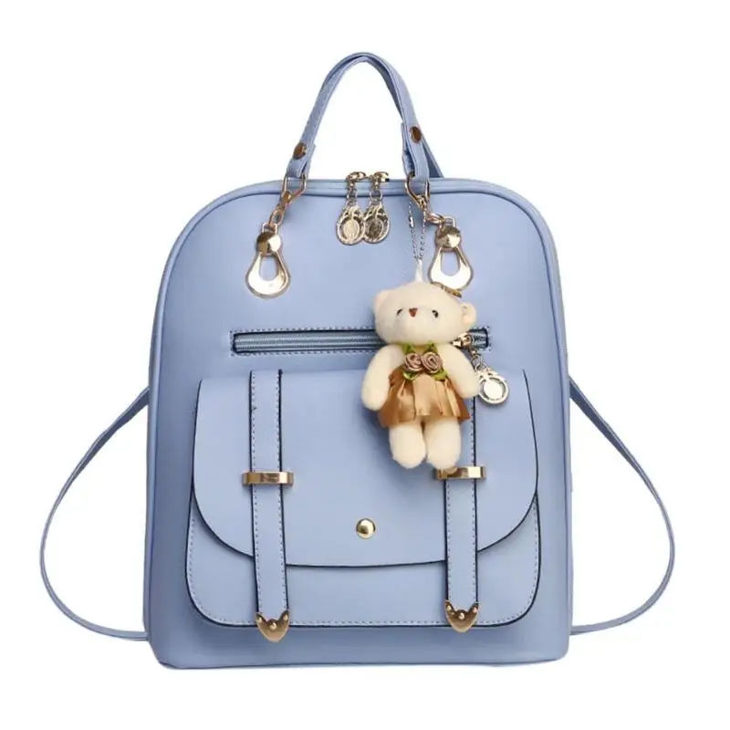 Модный женский рюкзак с подвеской в виде медведя, студенческий рюкзак в консервативном стиле, дорожные сумки, рюкзак из искусственной кожи, 8 цветов - Цвет: Небесно-голубой