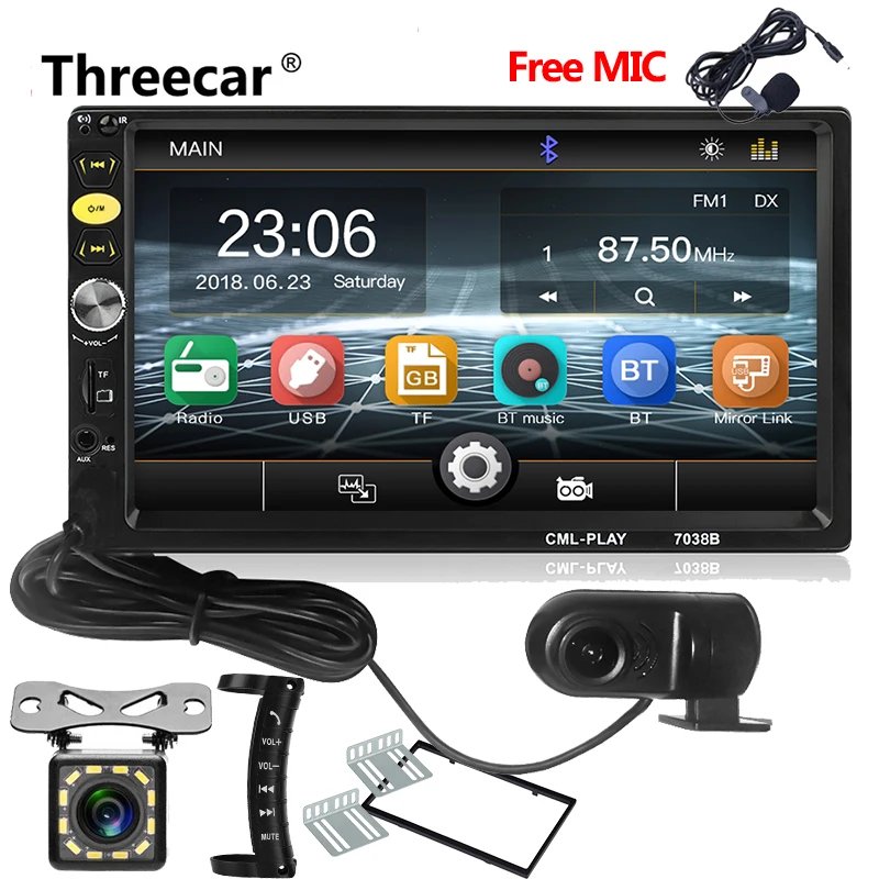 7" Touch Mirror Link Screen 2Din Car Radio Bluetooth HandsFree USB Rear View Camera Mirror For