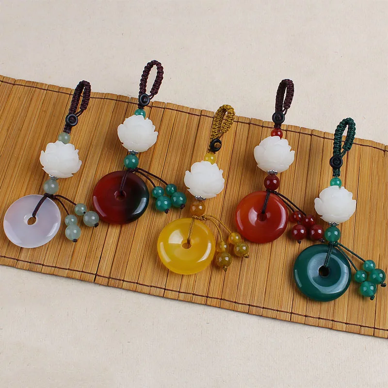 

WEIYU Natural Agates Stone Round Pendant Handmade Carved Lotus Keychains Key Ring Key Holder for Women Car Bags Accessories
