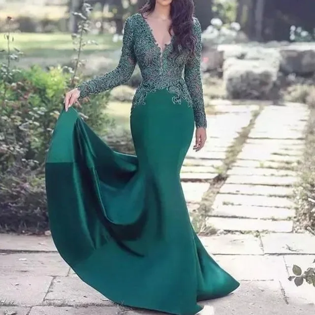 

Arabic Emerald Green Lace Evening Dress Mermaid Long Sleeves Applique V Neck Elegant Women Formal Prom Dresses Dubai