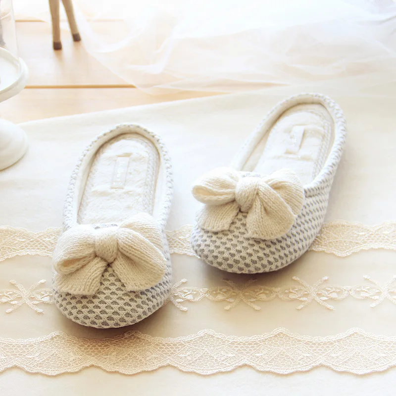 Bow Knitted Love Design Women Soft Winter Jacquard Home Slippers Indoor Shoes