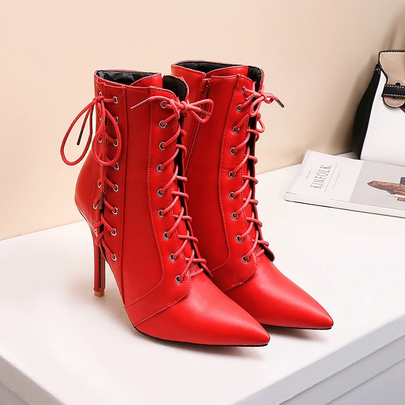 ORCHA LISA/большой размер 44, женские ботильоны на шнуровке, ботинки на высоком каблуке белые, черные, красные ботинки на тонком высоком каблуке женские ботинки