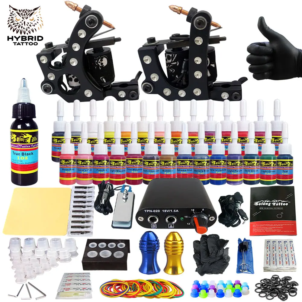 

Hybrid Complete Kit For Tattoo Liner and Shader Beginner Power Supply Foot Pedal Grips Needles Ink Set Tattoo Body&Art TK204-20