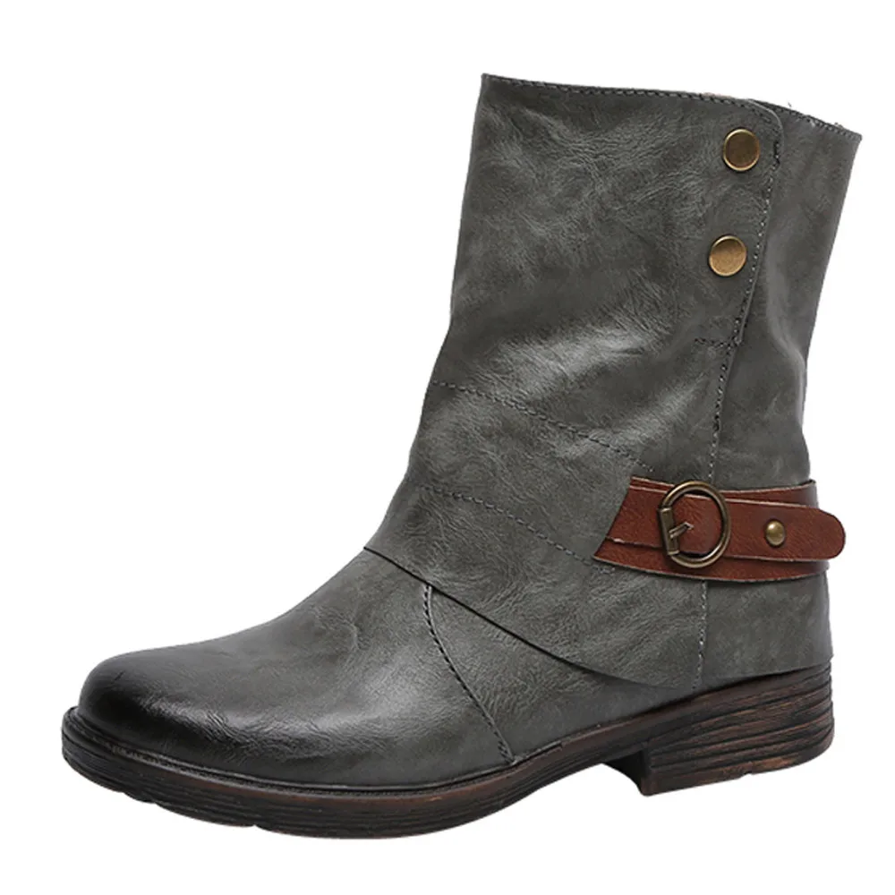 Винтажные женские зимние ботинки; кожаные ботинки с круглым носком; полусапожки на молнии до середины икры; обувь на квадратном каблуке в британском стиле; botas mujer - Цвет: Серый
