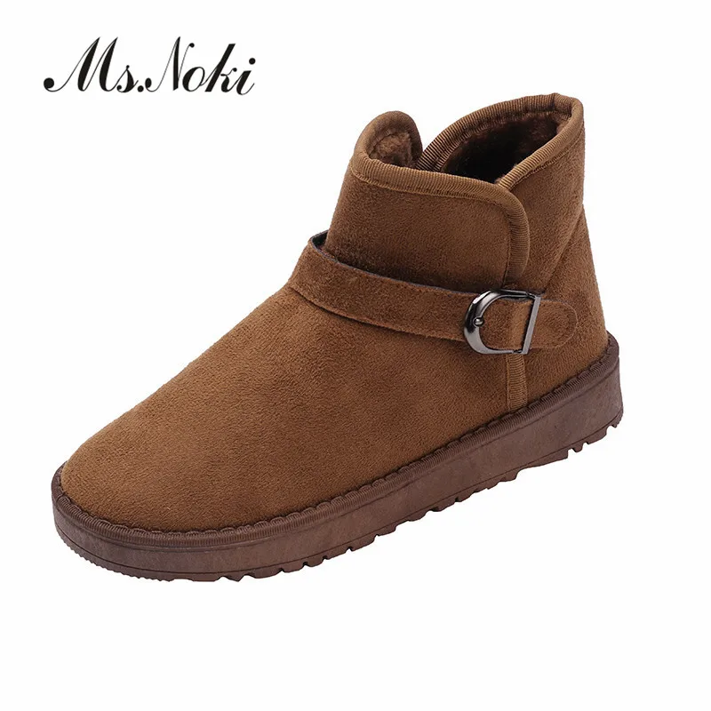 

Fashion buckle ladies snow boots flat with warm short plush winter boots women black solid round toe slip on female ankle boots
