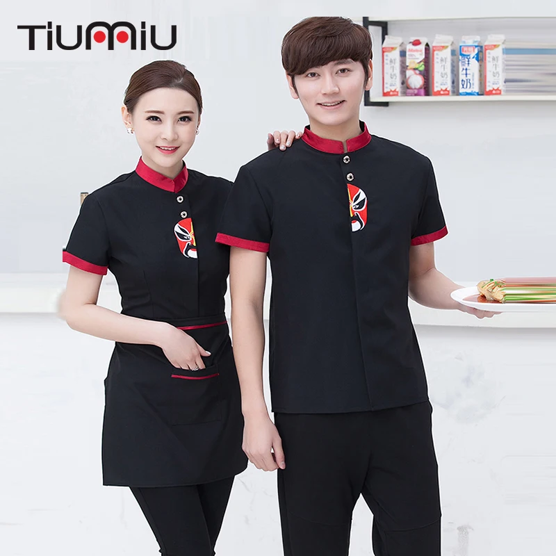 

Hotel Restaurant Uniforms Summer Men and Women Dining Uniforms Peking Opera Face Embroidery Overalls Short Sleeves Men and Women