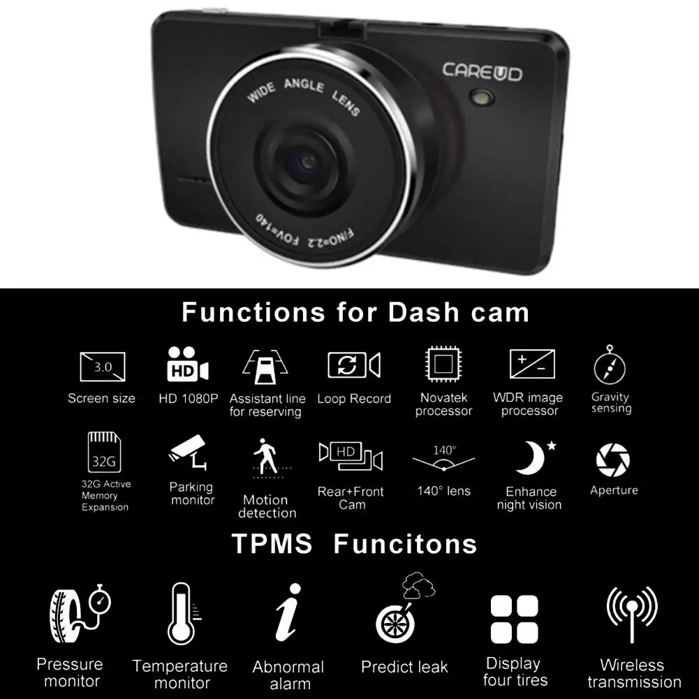 

3In1 3.0inch NT96658 Mini 1080P HD Driving Recorder LCD Rear View Camera TPMS Built-in Lithium Battery Car Tire Pressure Monitor