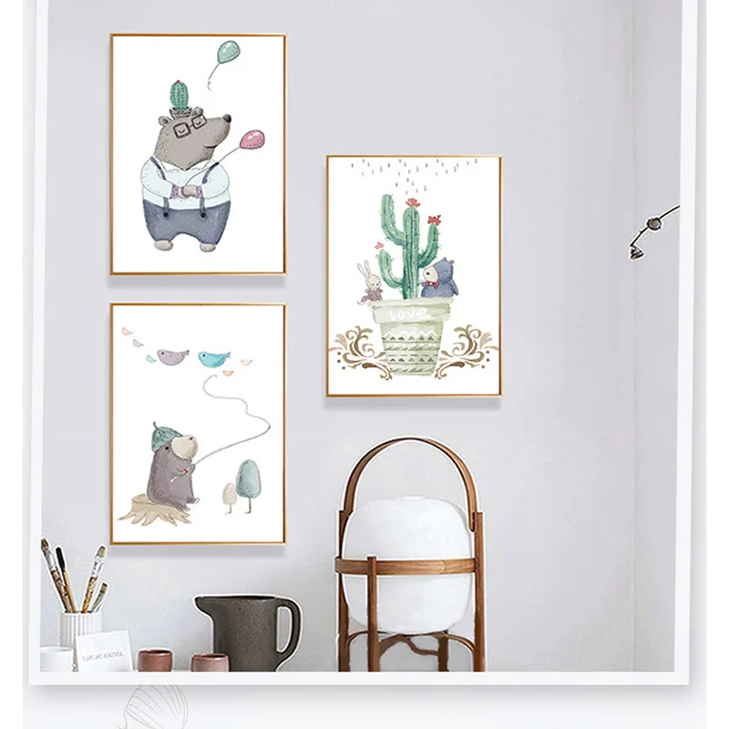 

Nordic Cartoon Festive Spirit Color Illustrations Childlike Bear Triple Painting Wall Painting Children's Room Hanging Decor
