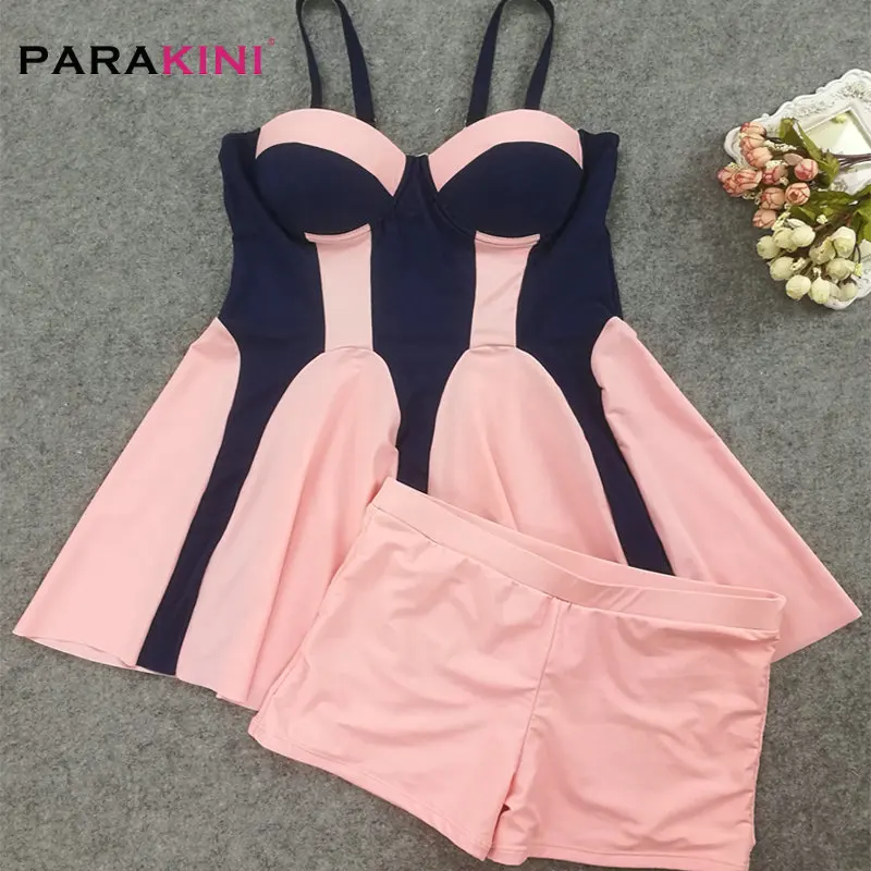 

PARAKINI Plus Size Tankini Set Women Pink Swimwear Two Piece Print Halter Swimsuit Swimming Party Dress skirt Bathing Suit M-2XL