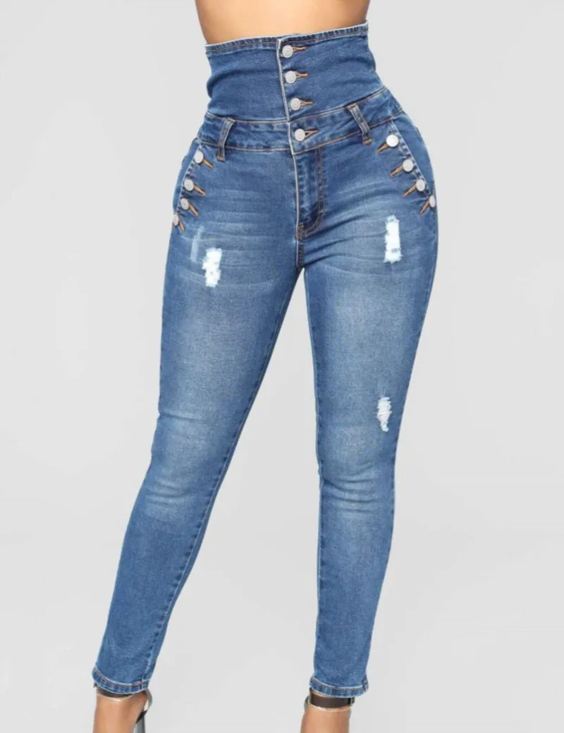 

2019 New Spring Autumn Woman High Waist Elastic Skinny Denim Long Pencil Pants Plus Size Buttons Jeans Camisa Feminina Trousers