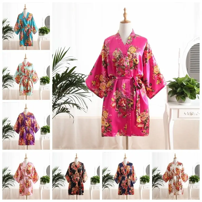 Wholesale Women Silk Satin Wedding Bride Bridesmaid Robe Short Peony