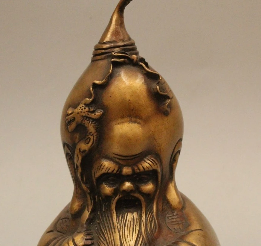

8" Chinese Folk Fengshui Bronze god of longevity cucurbit Shou Wealth Statue