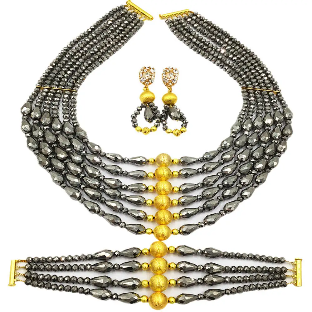 

New Silver Crystal Beaded Jewelry Set African Wedding Beads Nigerian Necklace 6C-XSD020