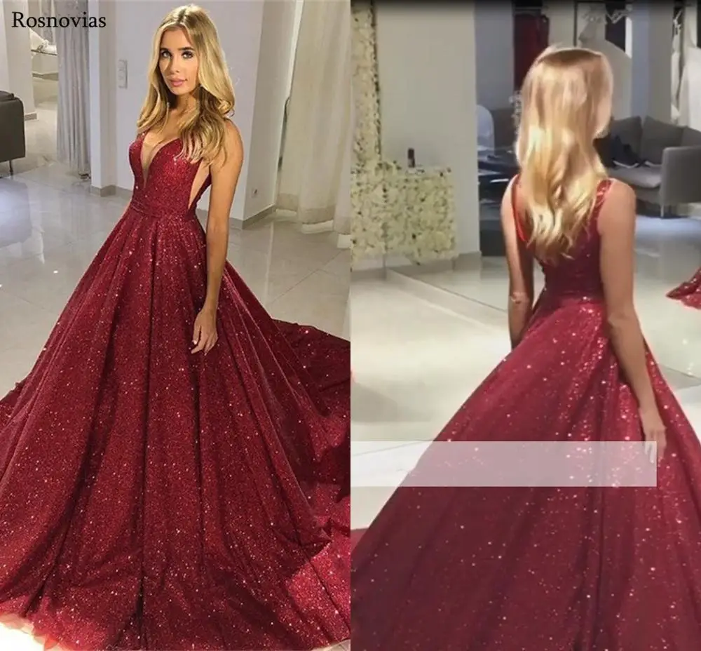 

Charming Sparkle Evening Dresses For Women 2019 V Neck Backless Sweep Train Prom Party Dresses Formal Gowns Vestido De Noche
