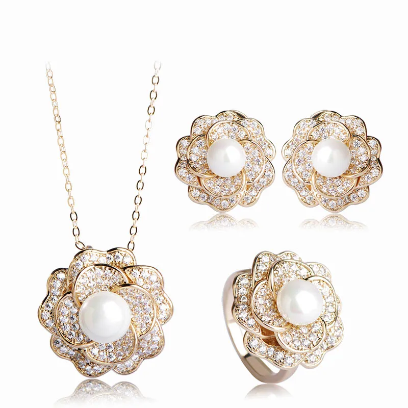 Dazz Upscale Zircon Rose Jewelry Sets Pendant Necklace&amp Earrings&ampRings Women Simulated Pearl Gold CZ Rhodium Wedding Schmuck |