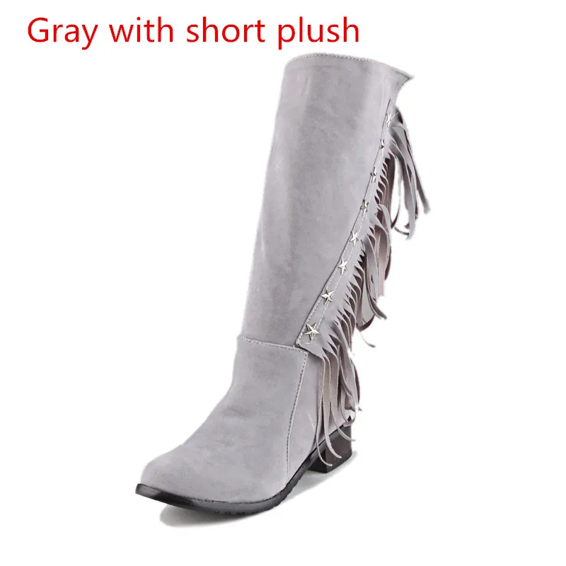ANMAIRON сапоги средний каблук молния кисточка новая обувь женщина круглый носок зима модные сапоги ботинки большие размеры 34–47 обувь из ПУ - Цвет: Gray with fur