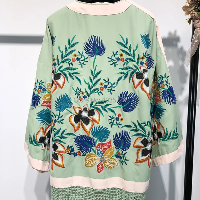 Patchwork Kimonos 4 Fleurs Vert Avec Version Vestes Évider Weave 3 cou Haute Glands Qualité Brodé Manches V 1SqIxx7w0