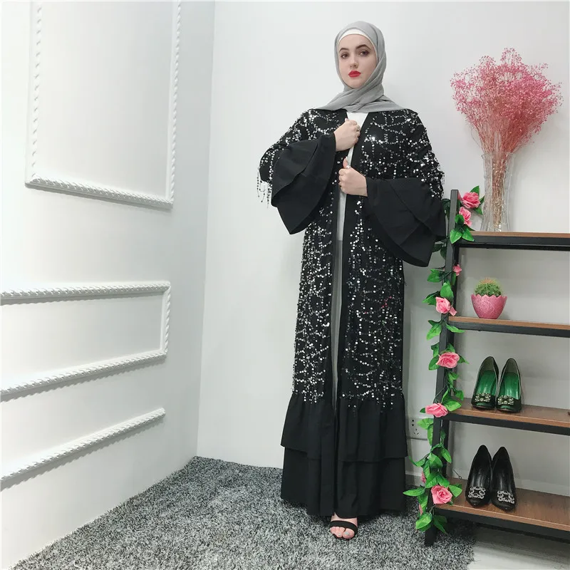 Рамадан кафтан Черный блесток Абаи кимоно мусульманское платье хиджаб Восточный халат из марокена турецкая исламская Костюмы Абая для женщин роковой