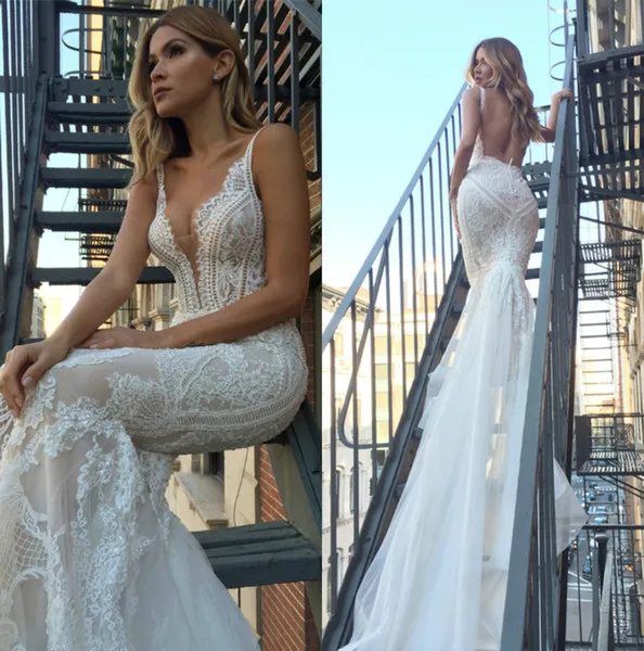 

Mermaid Wedding Dresses 2019 Sexy Backless Vestidos De Novia Lace Nude Bridal Gowns For Beach Wedding Photography Sleeveless