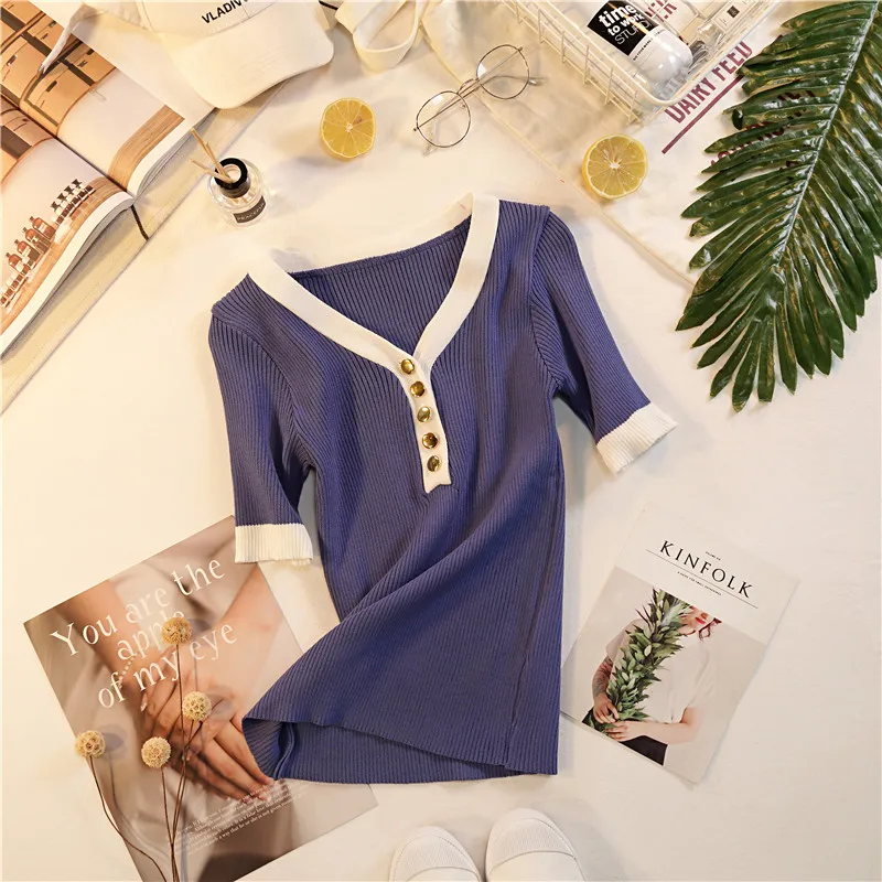 الصيف المرأة الخامس الرقبة محبوك قصيرة الأكمام والقمصان قمم الفتيات الحياكة بسط غمد أزرار تيز T قميص للإناث الصيف المرأة الخامس الرقبة محبوك قصيرة الأكمام والقمصان قمم الفتيات الحياكة بسط غمد أزرار تيز T قميص للإناث