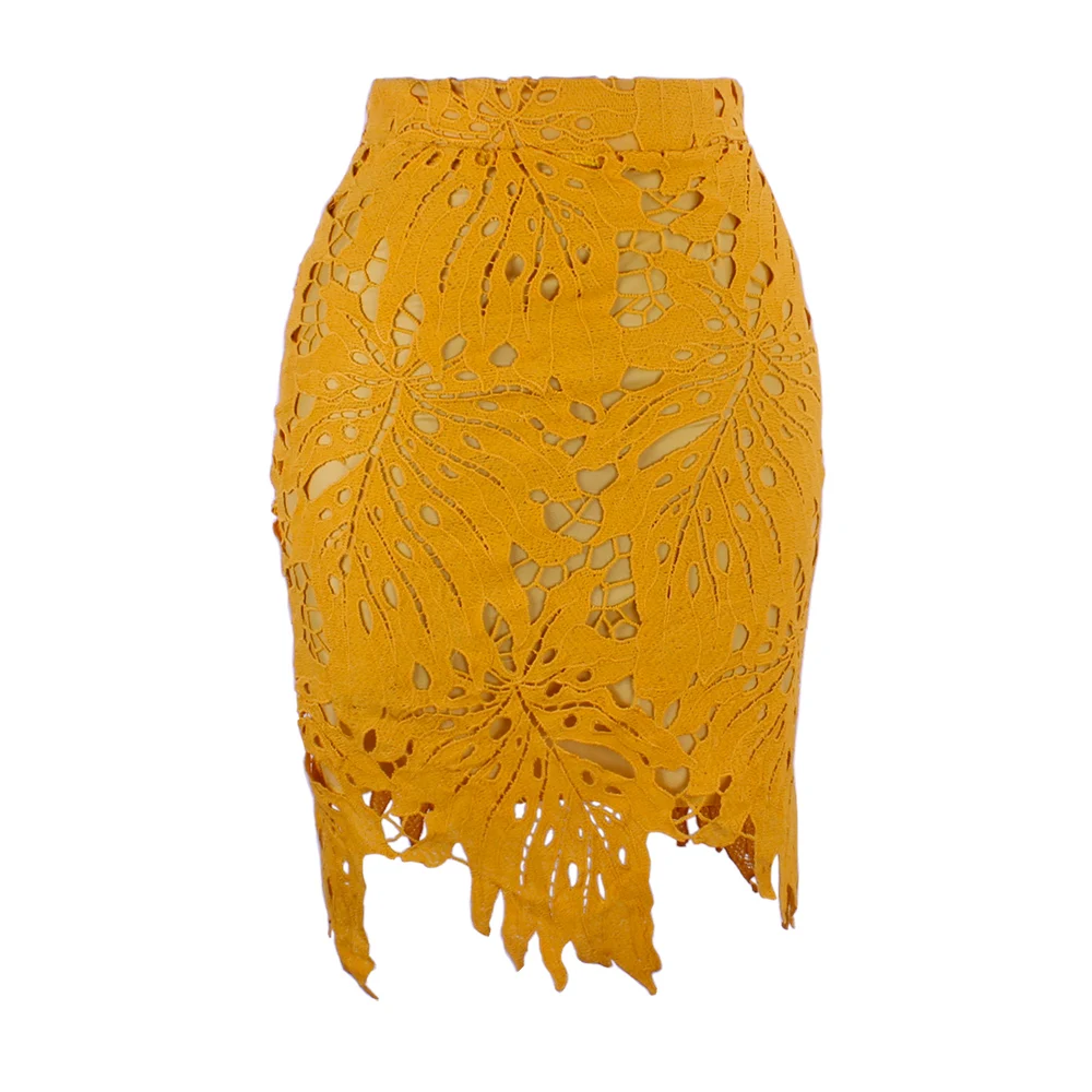 

yellow hollow out lace high waist knee length bodycon slim pencil skirt summer new arrival european style sexy woman skirt