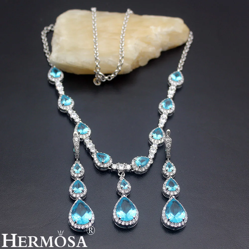 

Hermosa Mystic Blue Jewelry Sets Shiny Lady 925 Sterling Silver Necklace & Earrings Womens Jewellry Set