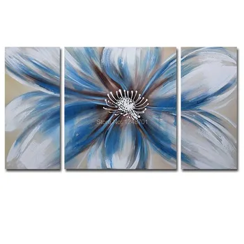 

Hand Painted Modern Abstract Three Pieces Blue Flower Canvas Oil Painting Blue Flower Wall Picture Living Room Home Wall Decoar