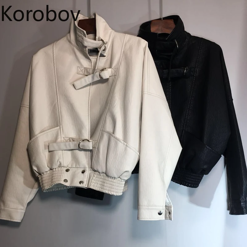 

Korobov Korean 2019 New Autumn Women Coat Long Sleeve Streetwear PU High Waist Short Jackets Pockets Crop Jacket Women 78176