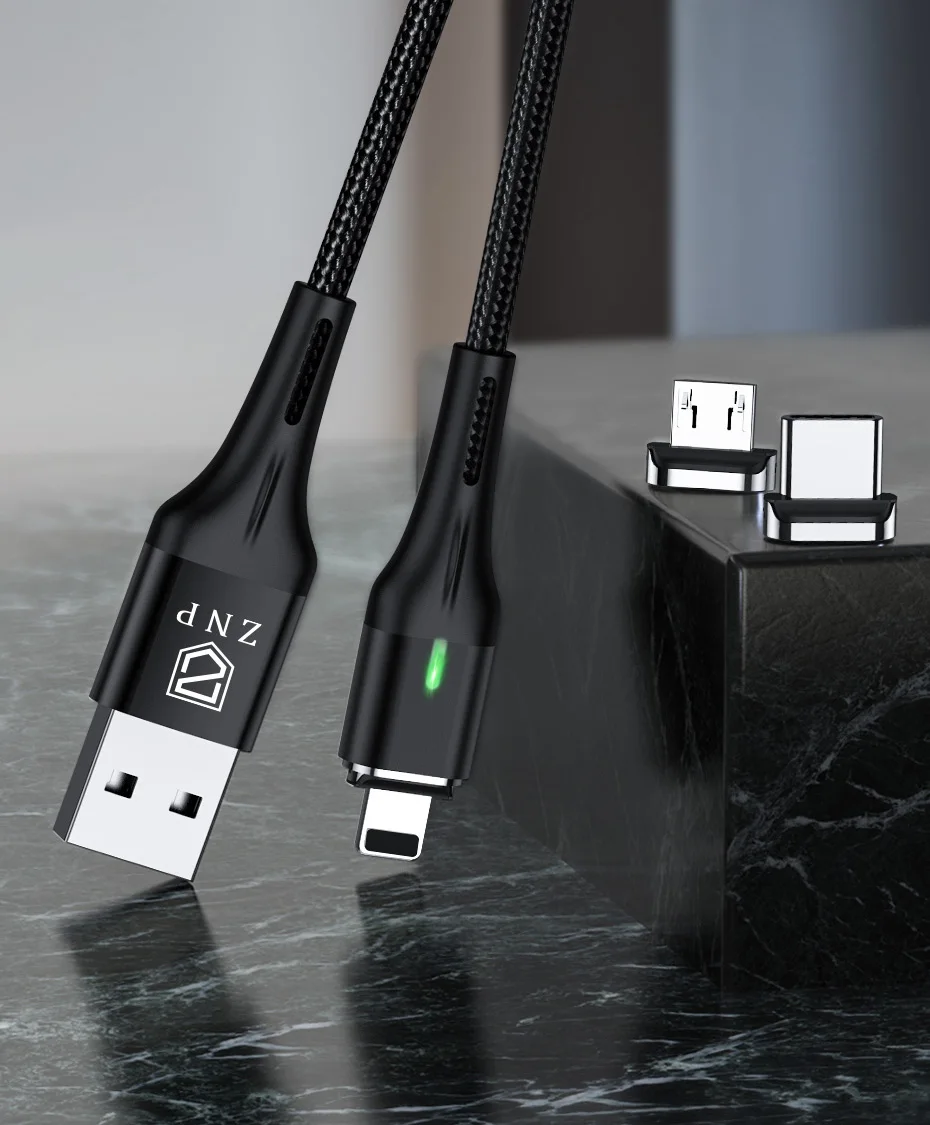 ZNP Магнитный кабель Micro usb type C для iPhone кабель освещения 1 м 3A провод для быстрого заряда type-C Магнитный кабель для зарядки телефона