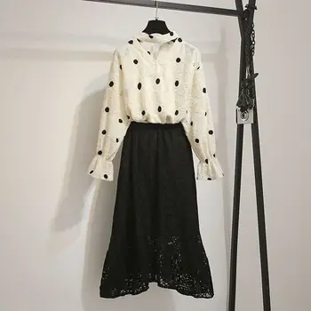 

2019 Spring Autumn Women Hollow Out Polka Dot Shirts+Elastic Waist Irregular Hem Skirt Lace Suits Female Plus Size 4XL Sets Z361