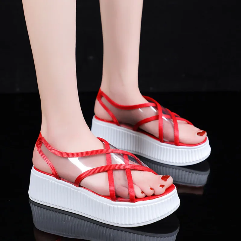 

shoes woman High red sandals strappy heels all match Casual Concise peep toe wedges zomer schoenen creeper plataformas mujer