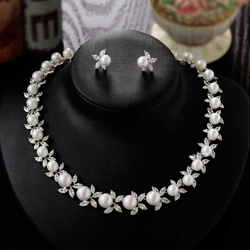 Women Silver Color Crystal Flower Pearl String Bridal Jewelry Sets Earrings Necklace Wedding Jewelry Accessories Sets Women Silver Color Crystal Flower Pearl String Bridal Jewelry Sets Earrings Necklace Wedding Jewelry Accessories Sets