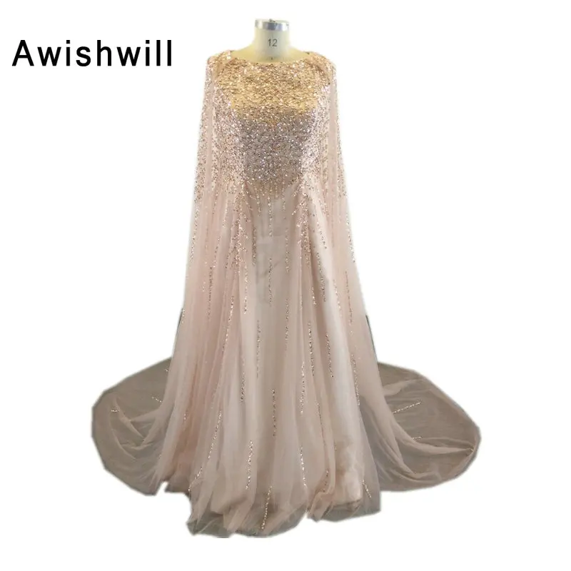 

Fashion Dubai Evening Dresses 2019 Robe Soiree With Shawl Sparkly Beadings Tulle A-line Formal Gowns Women Evening Party Gown