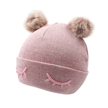 

Cute Cotton Baby Hat Knit Girls Beanie Hat With Pompom Embroidery Eyes Infant Beanie Spring Toddler Boys Hat Baby Girls Clothing