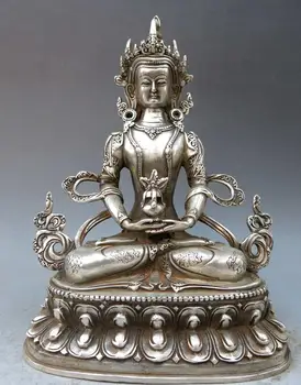 

8" China Tibet hand-made silver carved fine Amitabha Buddha sculpture Statue